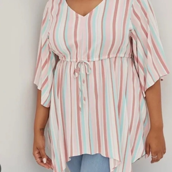 Torrid Top Women 14 Pink Striped Babydoll Boho Western Summer Rainbow Retro 80s - Picture 1 of 15